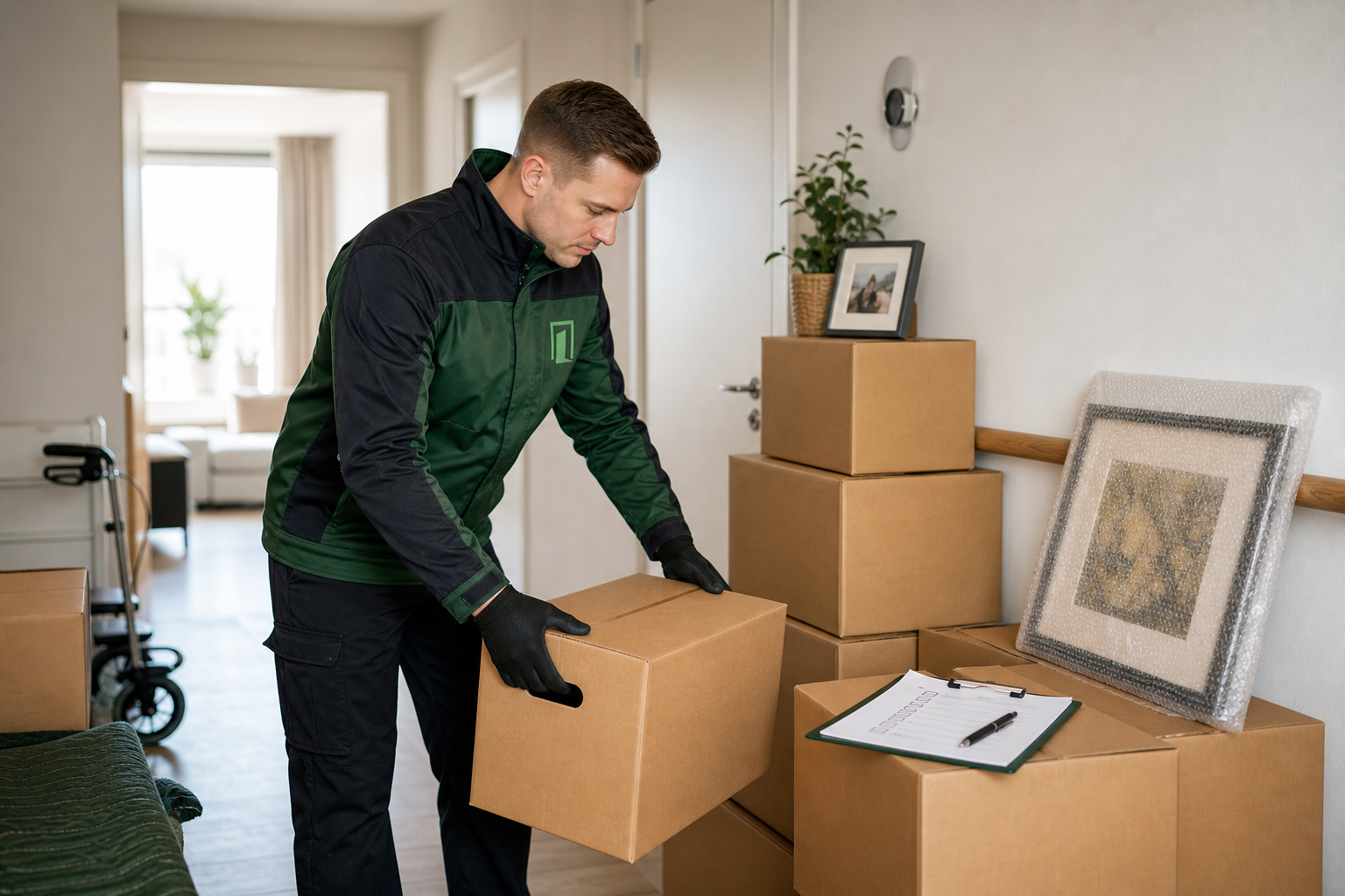 Medewerker van Ontruim op Maat verwerkt dozen zorgvuldig in een seniorenwoning